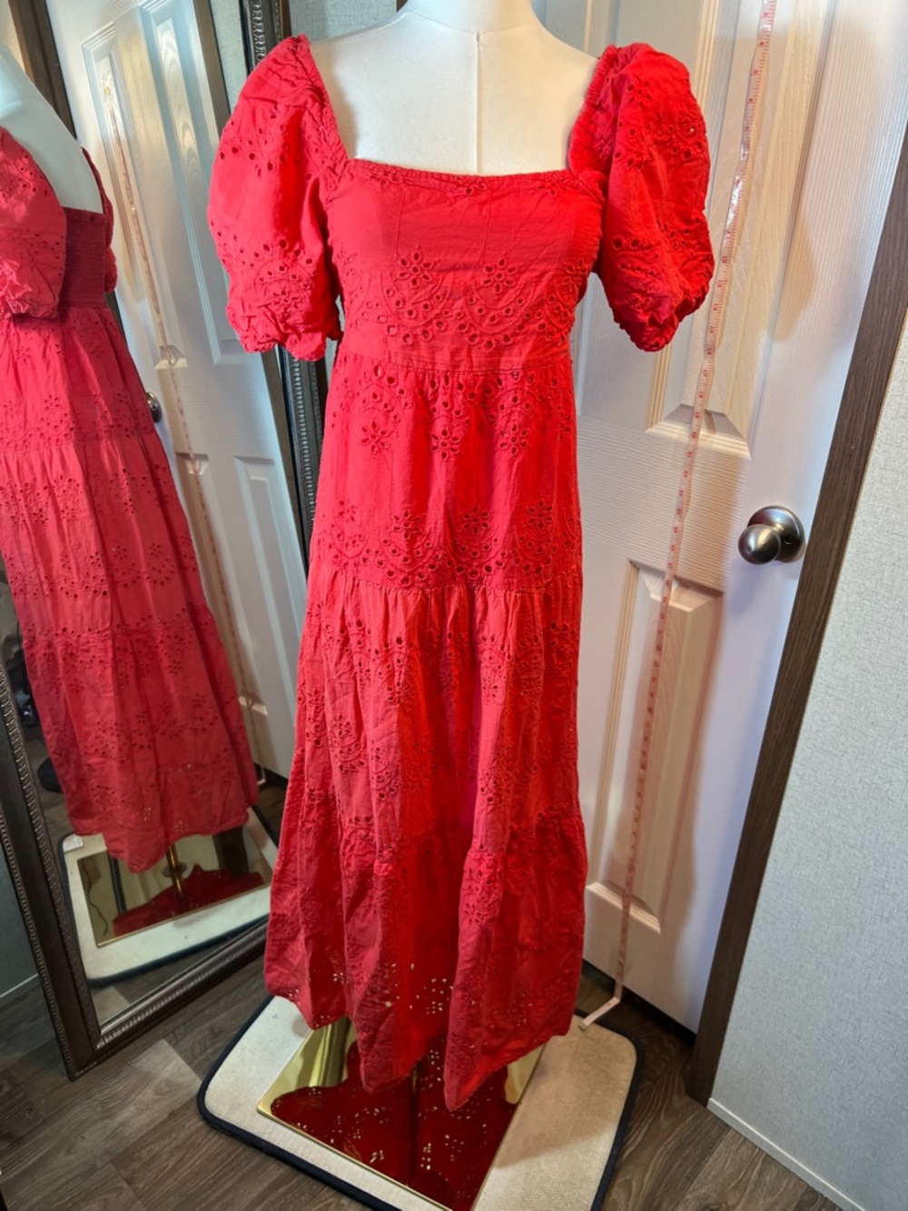 Red Eyelet Puff-Sleeve Maxi Dress